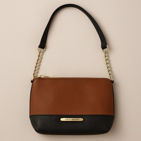 Steve Madden Crossbody Bag – Cognac & Black Two-Tone Faux Leather, Gold Chain - Picture 1 of 10